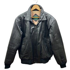 Hill & Archer Leather Bomber Jacket Mens 44R Black Map Lining Made in Korea Vtg